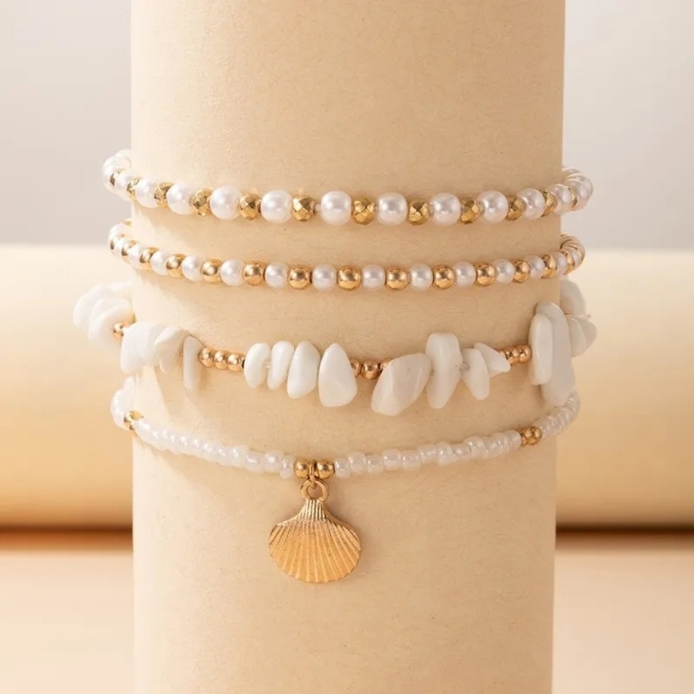 Summer Anklet Set Seashell Shell Gold Beaded - Picture 2 of 4